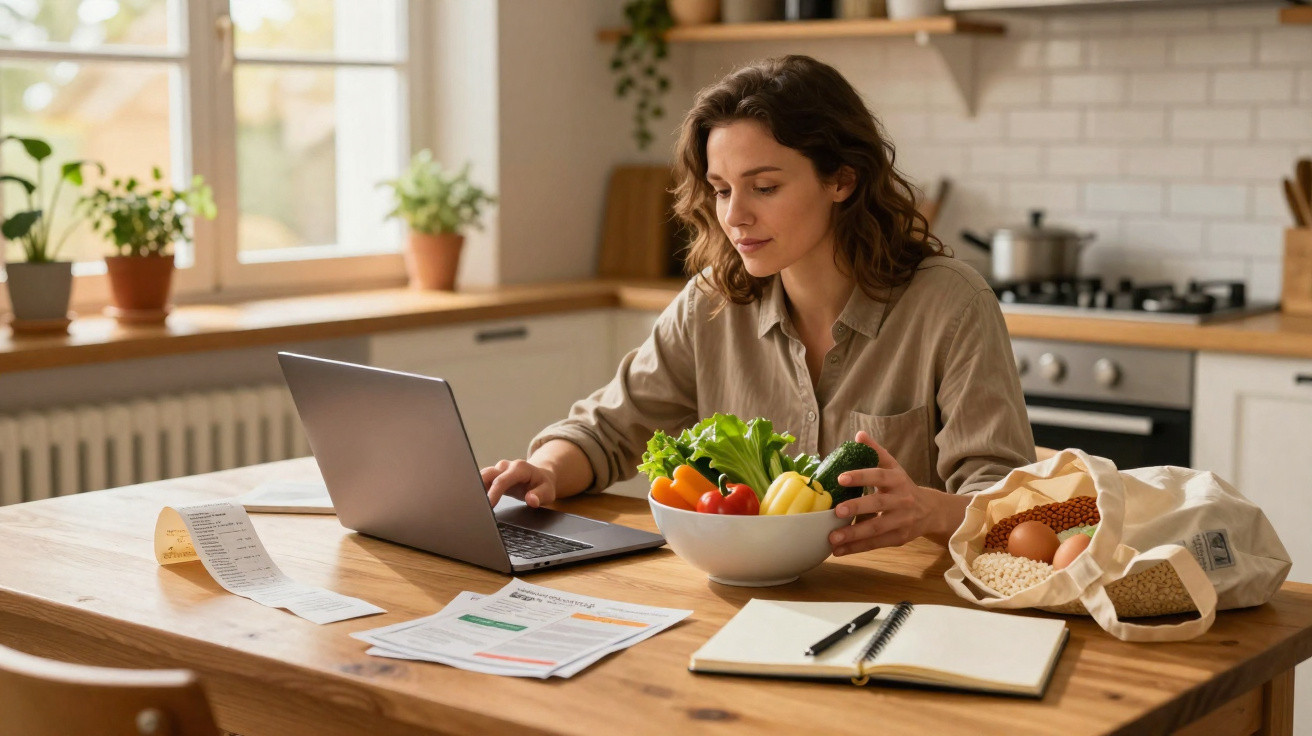 Mulher a consultar laptop e a segurar legumes numa cozinha com documentos e caderno na mesa.
