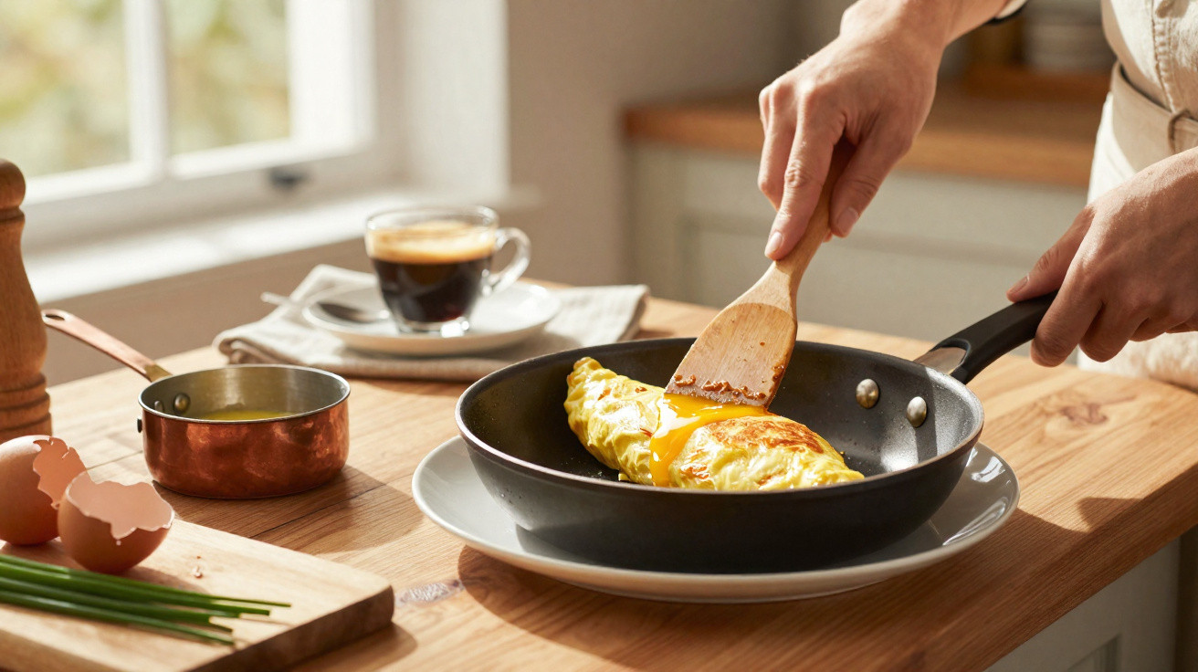 Pessoa a virar um omelete na frigideira com uma espátula em cozinha iluminada, café ao fundo.