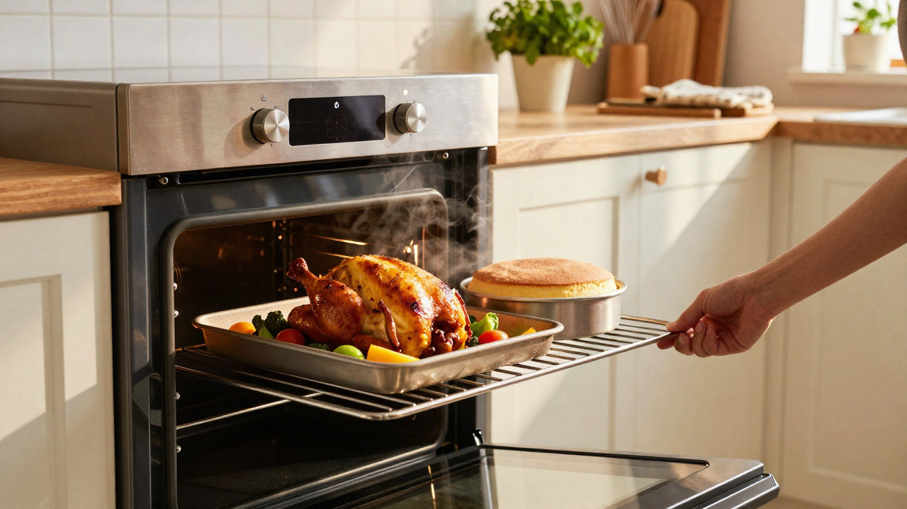 Pessoa a retirar um tabuleiro com frango assado e legumes e um bolo do forno numa cozinha moderna.