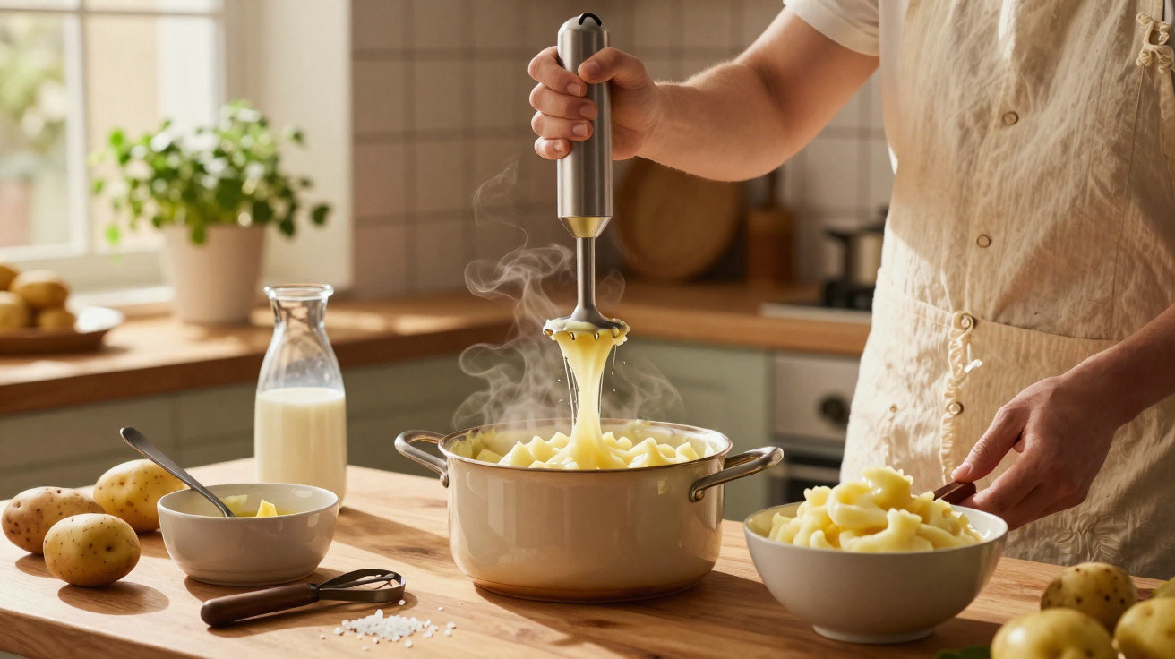 Pessoa a usar varinha mágica para fazer puré de batata numa cozinha iluminada naturalmentem com ingredientes à volta.