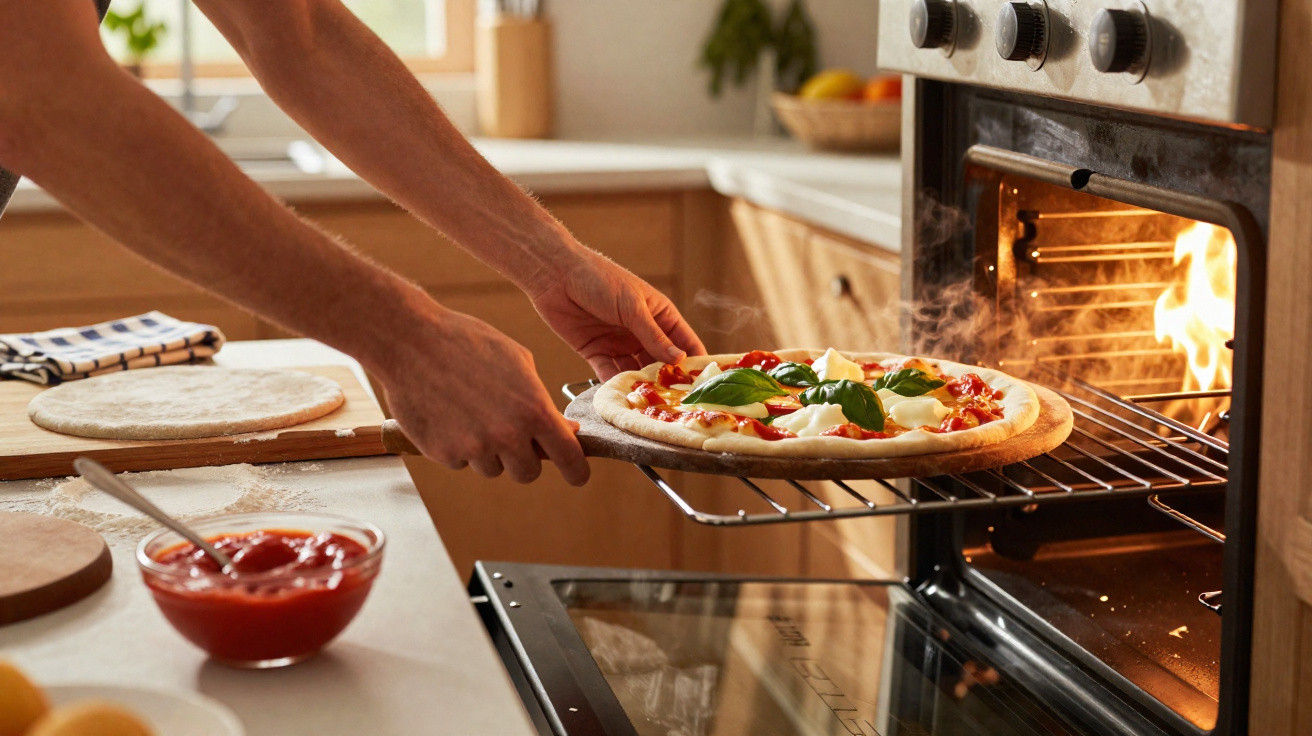 Pessoa a colocar uma pizza com manjericão e tomate a assar num forno doméstico aceso na cozinha.