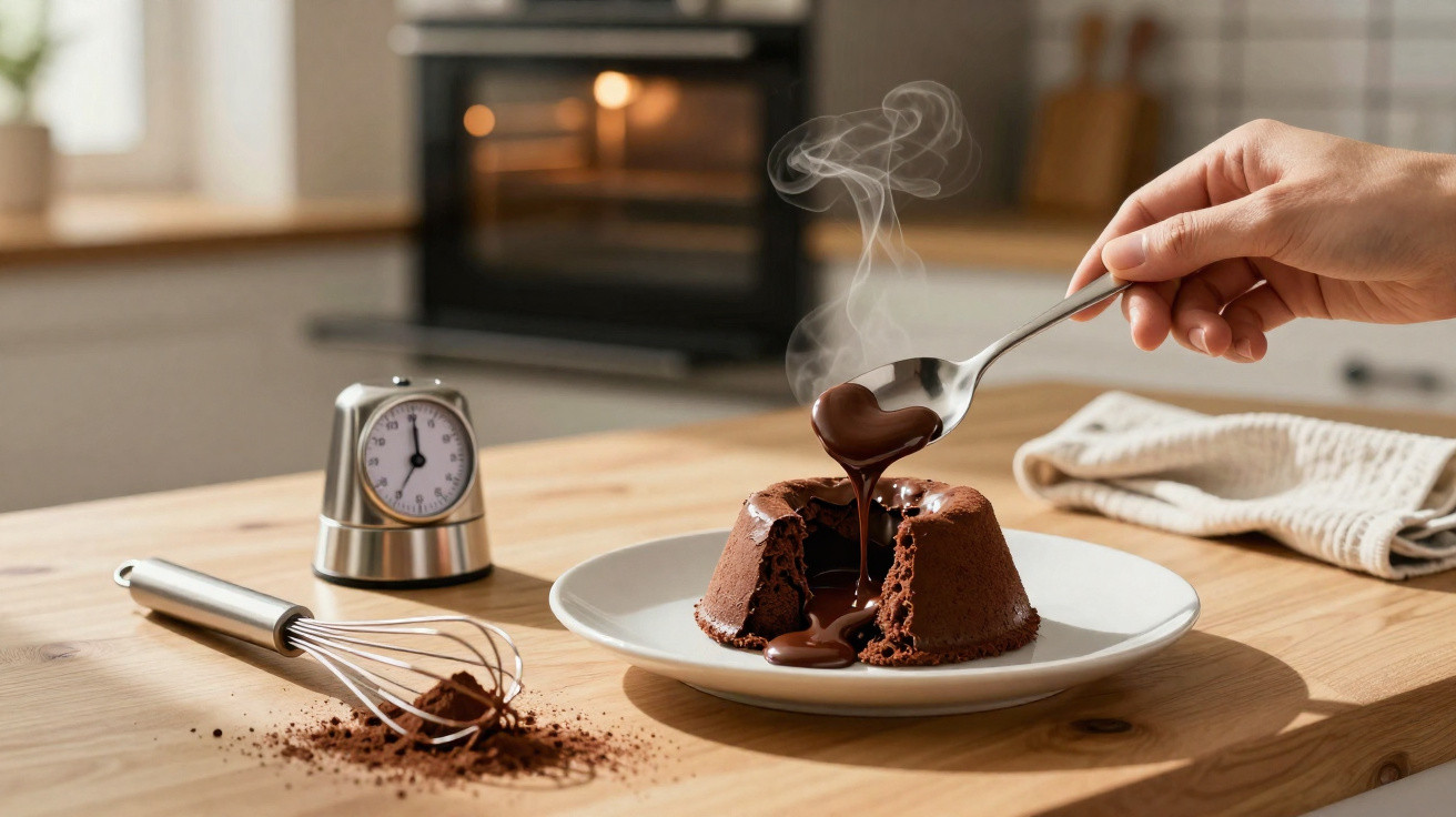 Mão a despejar chocolate quente num bolo de chocolate fundido numa cozinha moderna, com timer e batedor na mesa.
