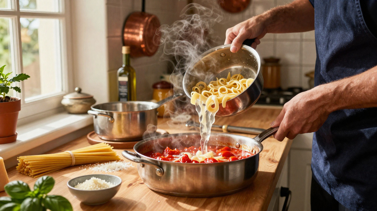 Pessoa a verter massa de água quente para panela com molho de tomate numa cozinha com luz natural.