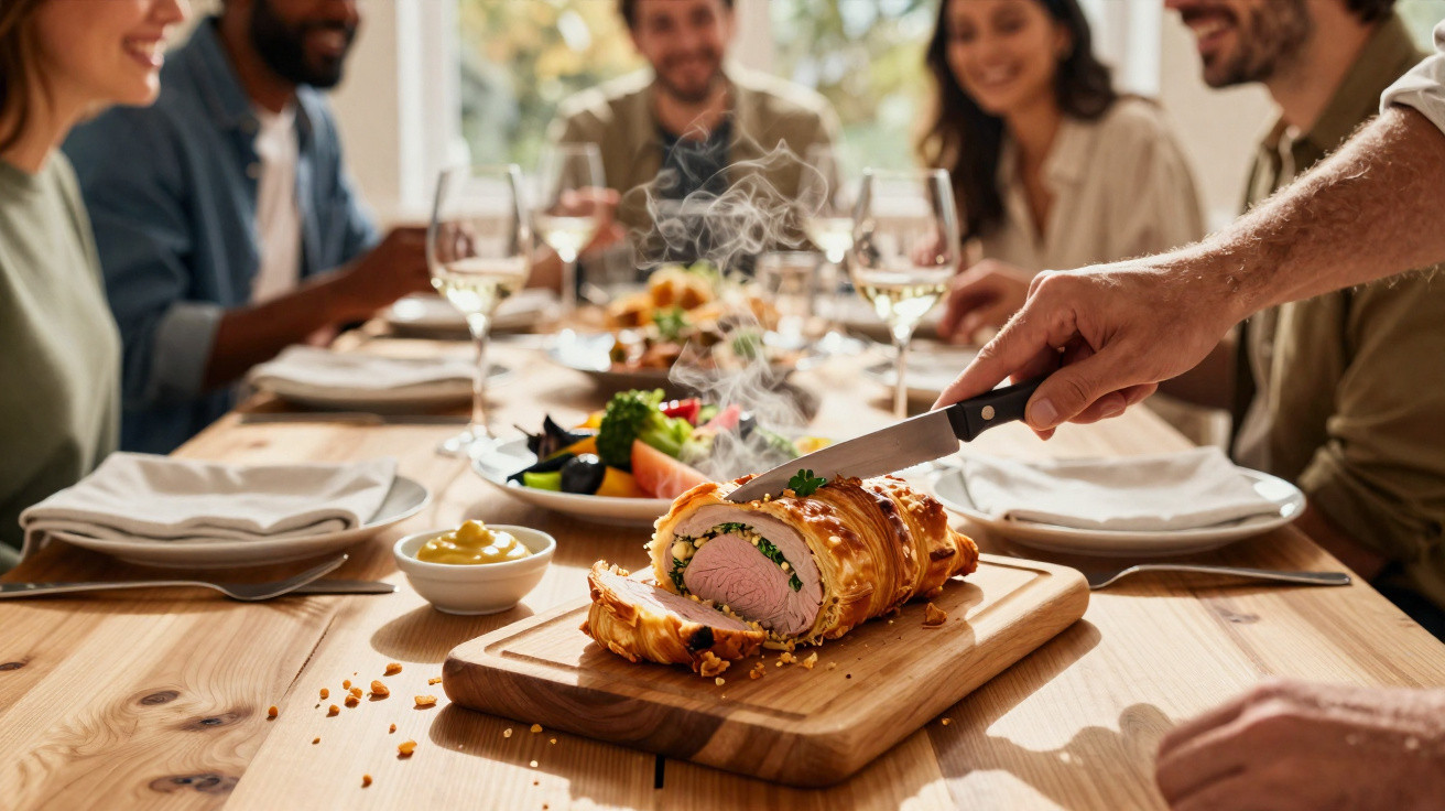 Pessoa a cortar carne assada num tabuleiro de madeira com quinto amigos sorridentes à mesa pronta para jantar.