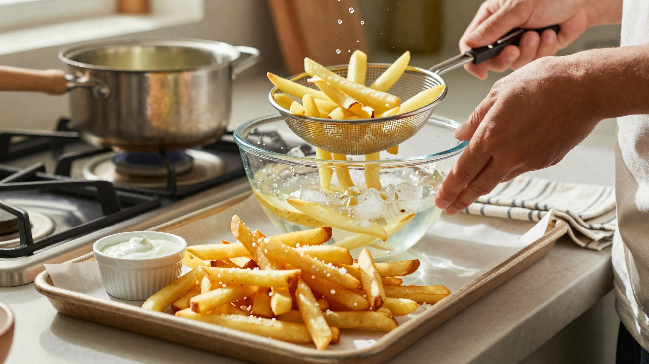Mãos a retirar batatas fritas de escorredor para água gelada, bandeja com batatas e molho na bancada da cozinha.
