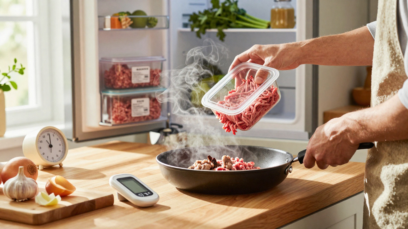 Pessoa a cozinhar carne picada numa frigideira numa cozinha com frigorífico aberto ao fundo.