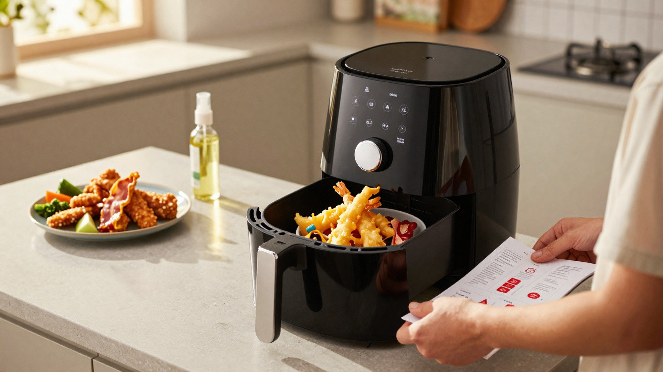 Fritadeira elétrica preta na cozinha com alimentos fritos e pessoa a consultar instruções.