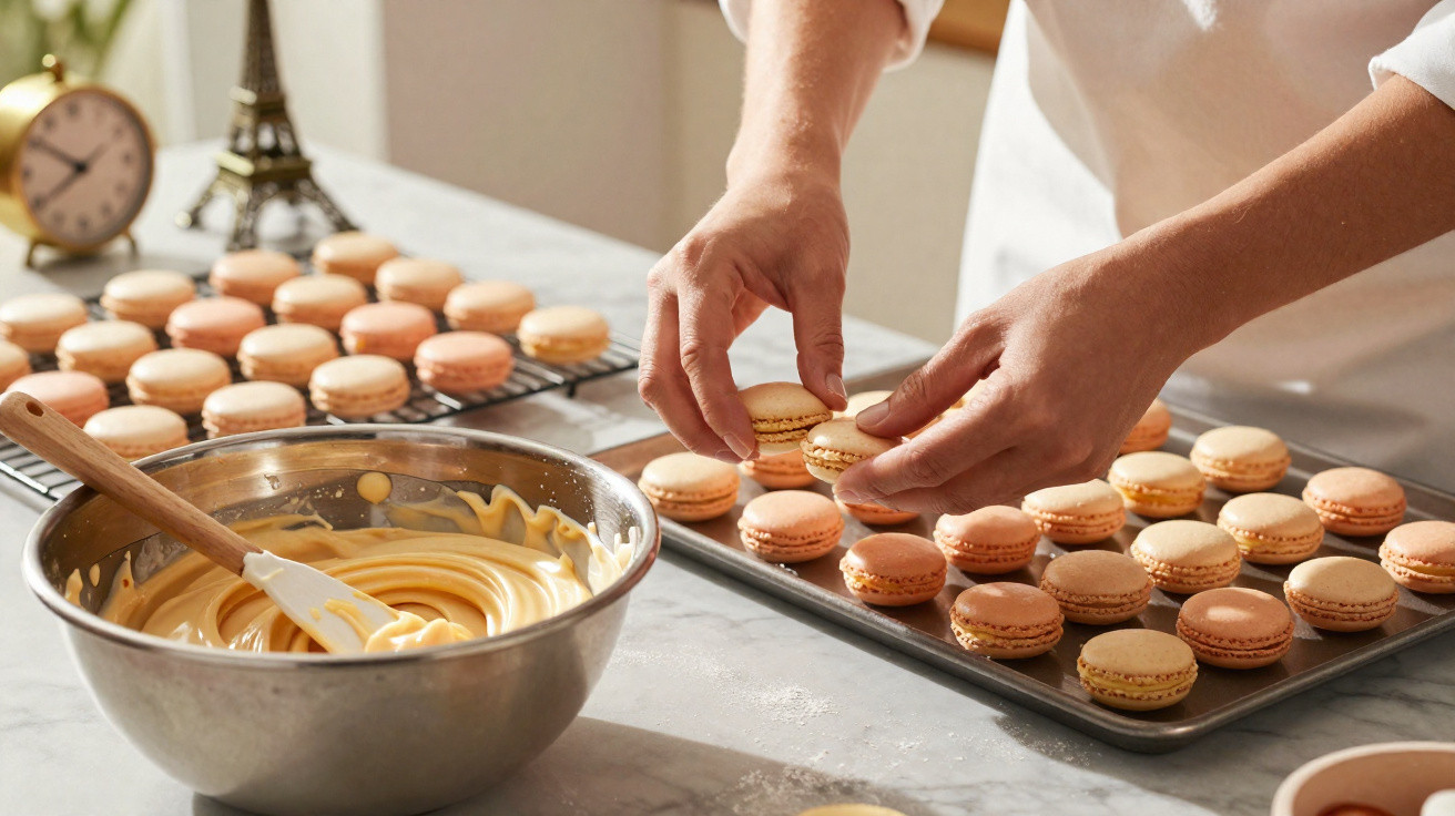 Mãos a montar macarons cor de pêssego, com tigela e tabuleiro cheio na mesa da cozinha.