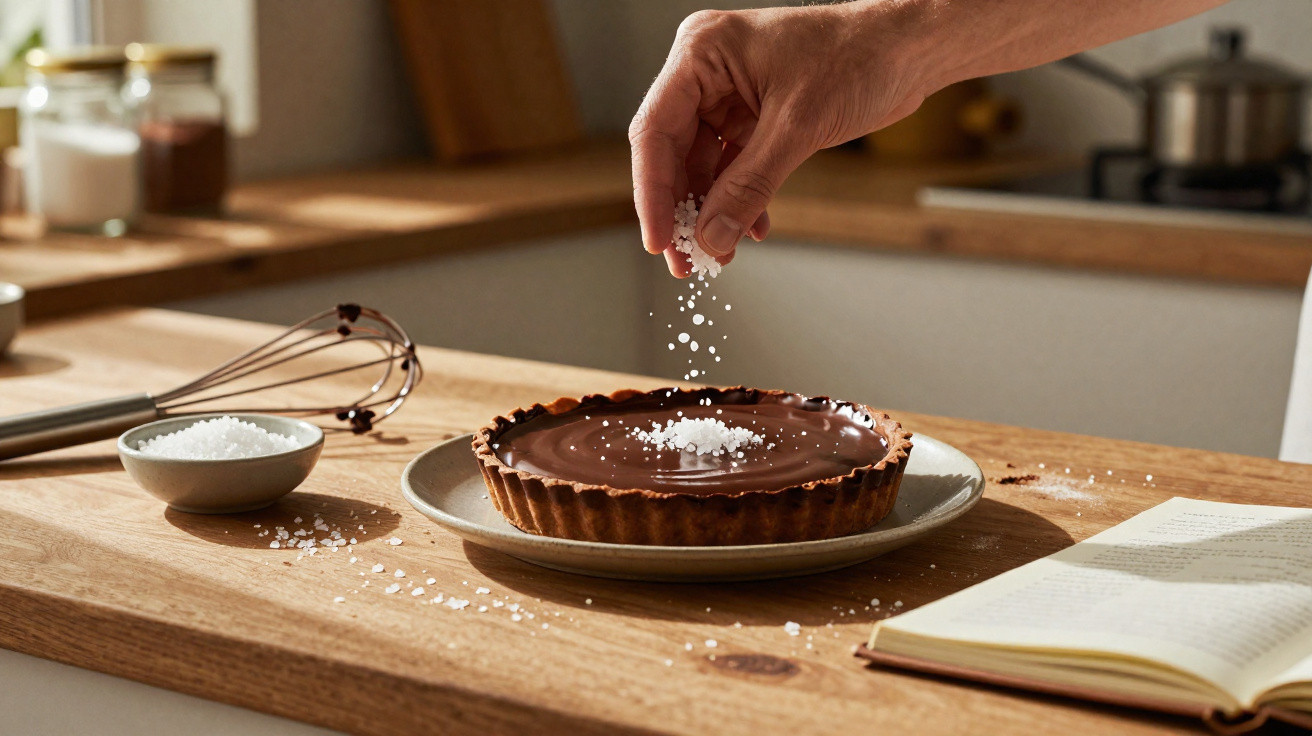 Mão polvilha flor de sal sobre tarte de chocolate numa cozinha com livro de receitas aberto.
