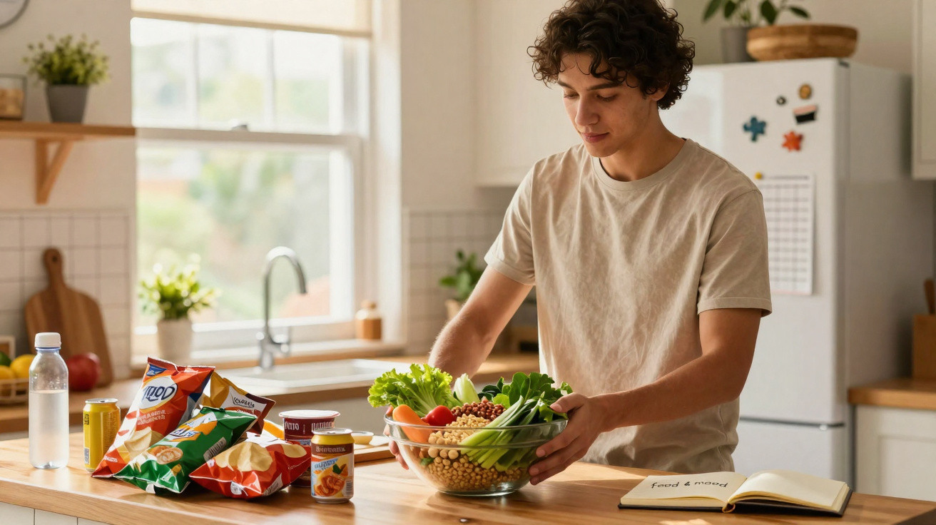 Jovem a preparar uma salada numa cozinha luminosa, com snacks e livro de receitas na bancada.