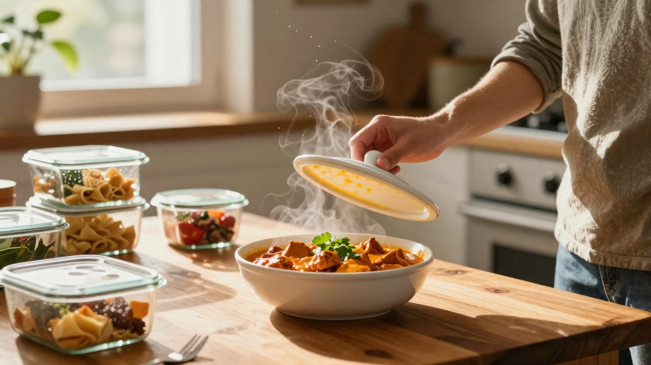 Mão a levantar tampa de tigela com comida quente e vapor numa cozinha luminosa.