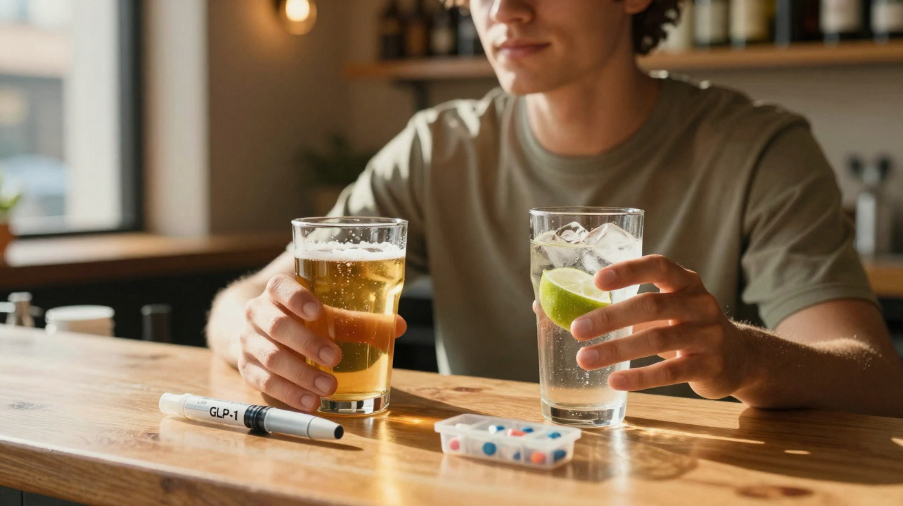Pessoa segurando um copo de cerveja e outro de bebida com lima num balcão com medicação e caneta insulina.
