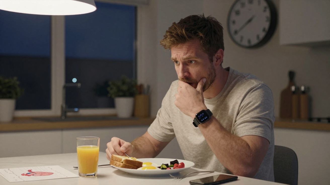 Homem preocupado a pensar enquanto toma pequeno-almoço numa cozinha iluminada à noite.
