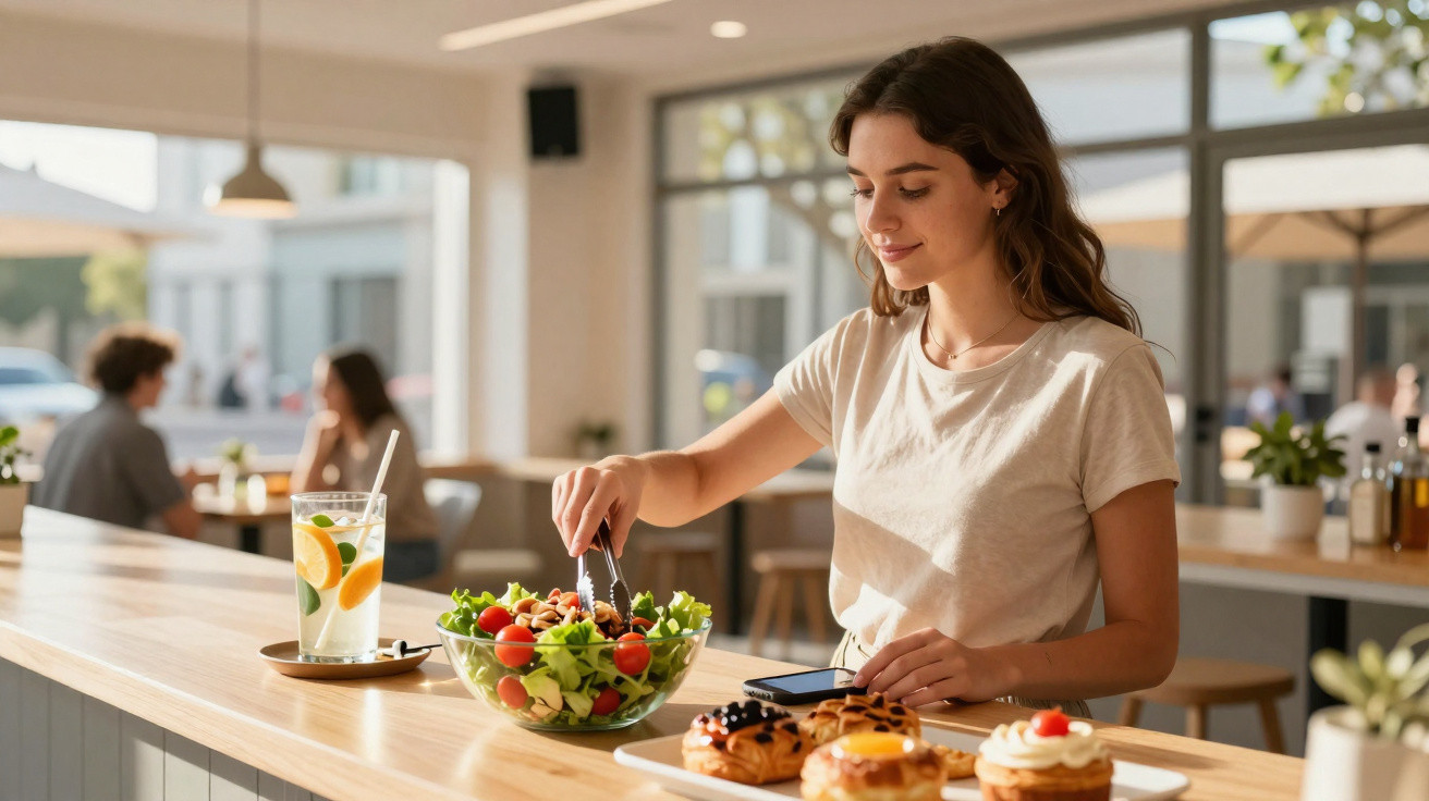 Mulher servindo-se de salada numa sala luminosa com sobremesas e bebida à sua frente num balcão.
