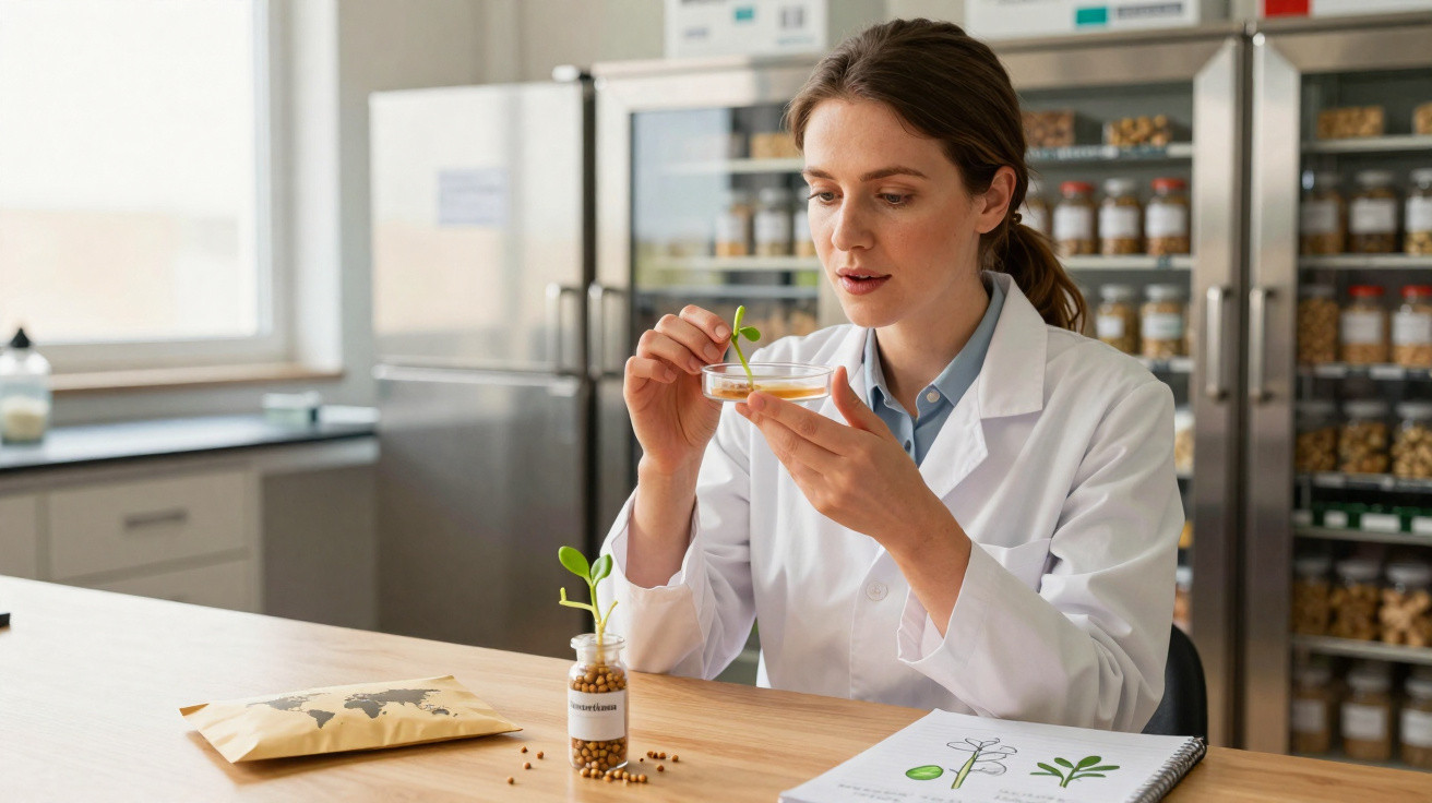 Cientista em laboratório a analisar planta jovem numa placa de Petri, com sementes e caderno à frente.