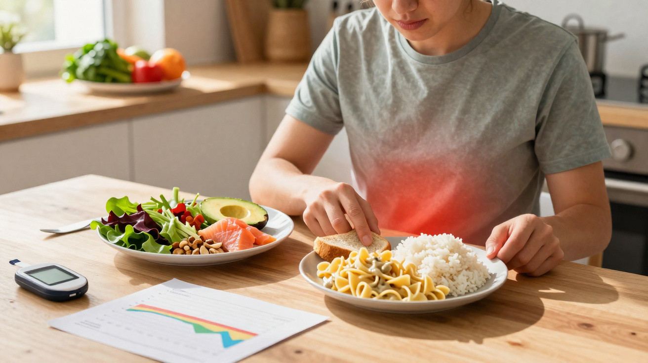 Pessoa com dor abdominal escolhendo comida ao lado de plato com salada e monitor de glicose numa cozinha.