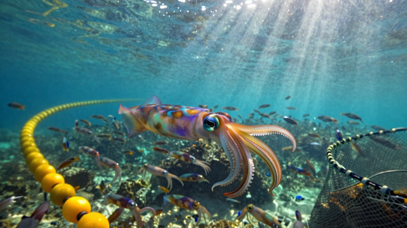Lula colorida a nadar perto da superfície com peixes e redes de pesca em fundo marinho transparente.