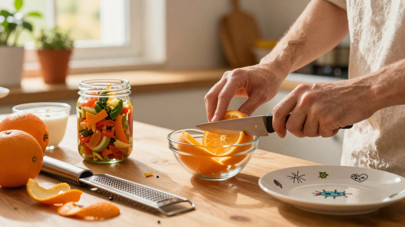 Pessoa a cortar laranjas em fatias numa taça de vidro numa cozinha com vegetais e dois copos à volta.