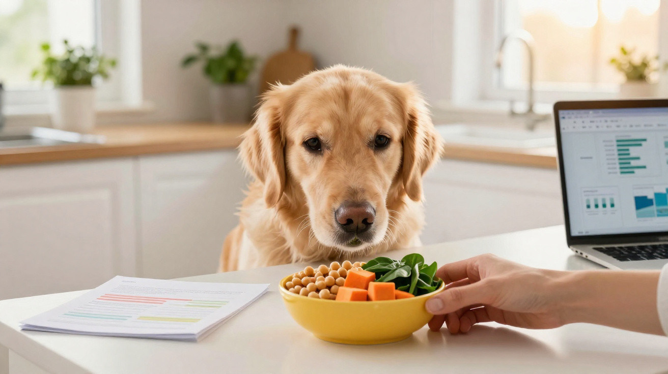 Cão dourado observa tigela com grão-de-bico, cubos de cenoura e espinafres numa cozinha moderna.