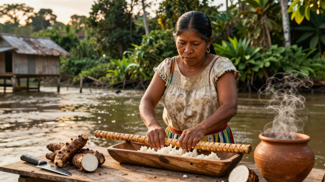 Mulher indígena a preparar comida tradicional junto a rio, com mandioca e jarro de barro fumegante.