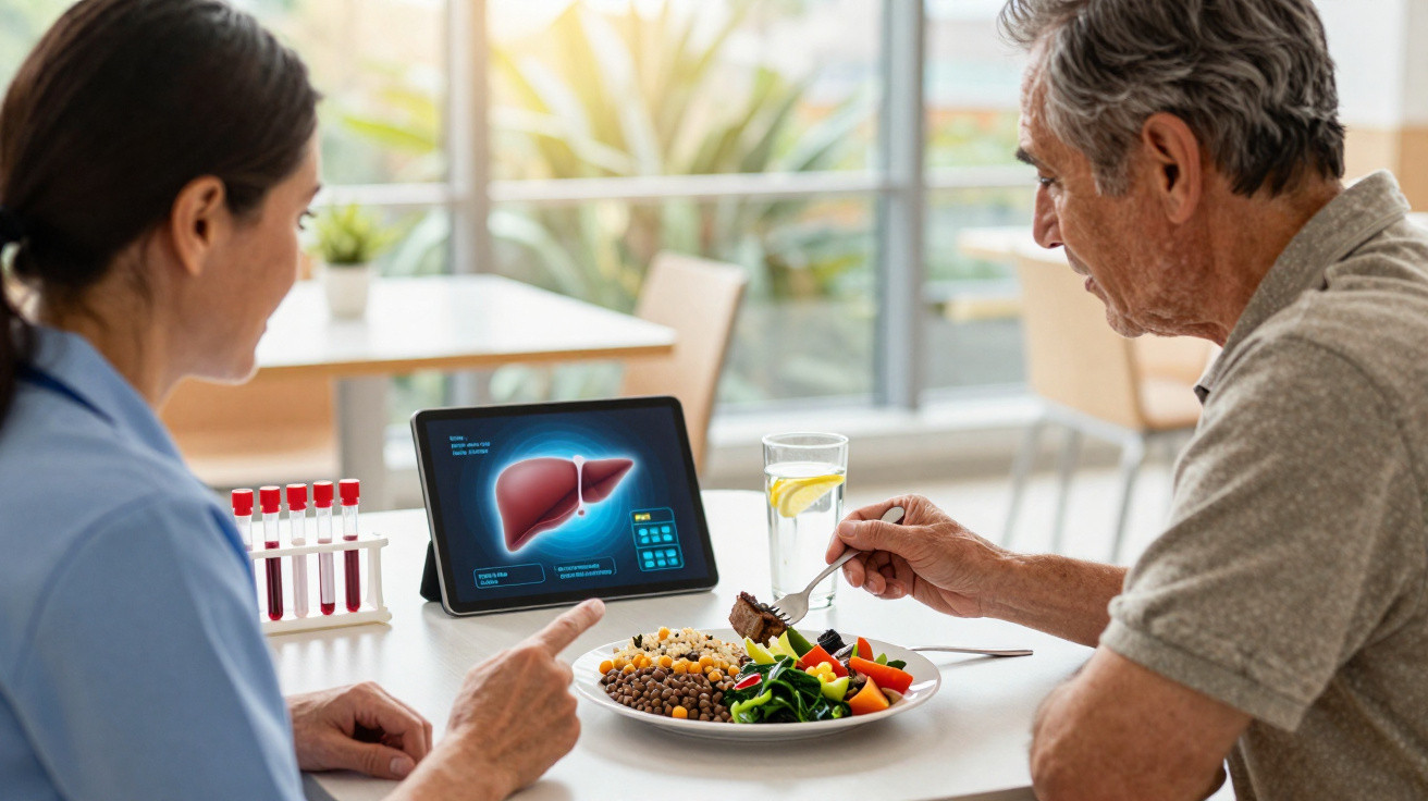 Médica explica a um idoso dieta saudável para fígado, com tablet a mostrar imagem do órgão e alimentos coloridos no prato.