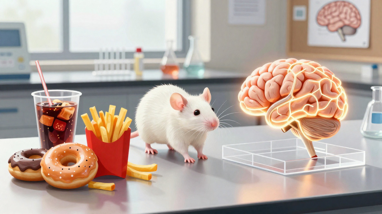 Rato branco numa bancada de laboratório com fast food e modelo de cérebro iluminado em vidro.