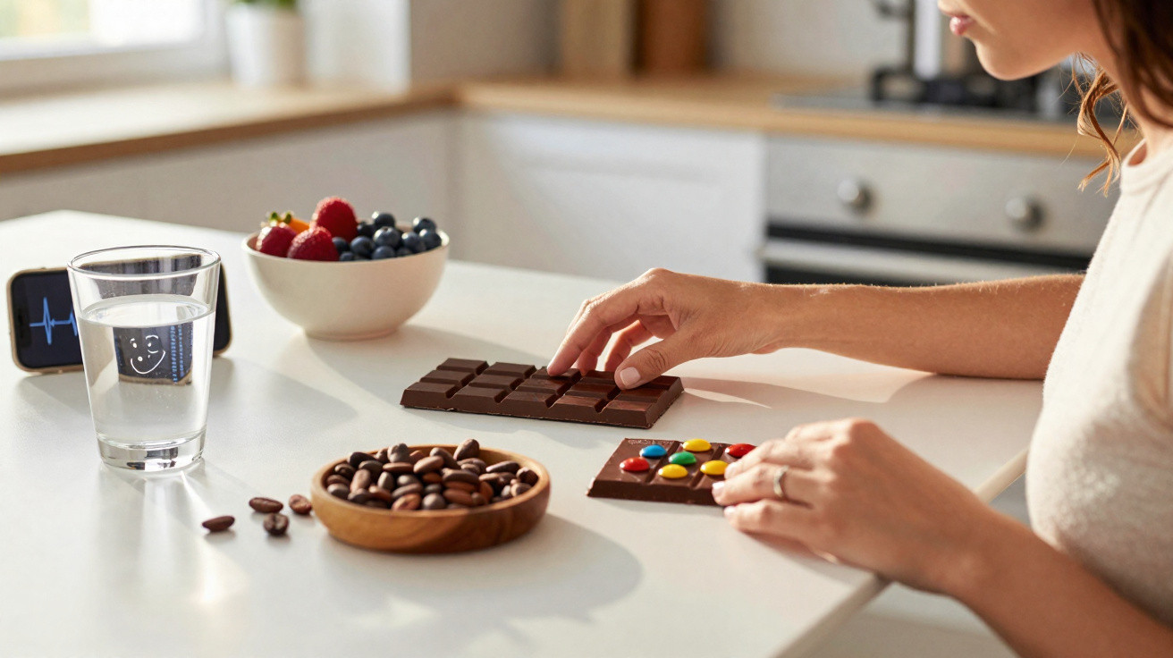 Mulher a pegar numa tablete de chocolate numa cozinha com frutos vermelhos, caju e um copo de água numa bancada.