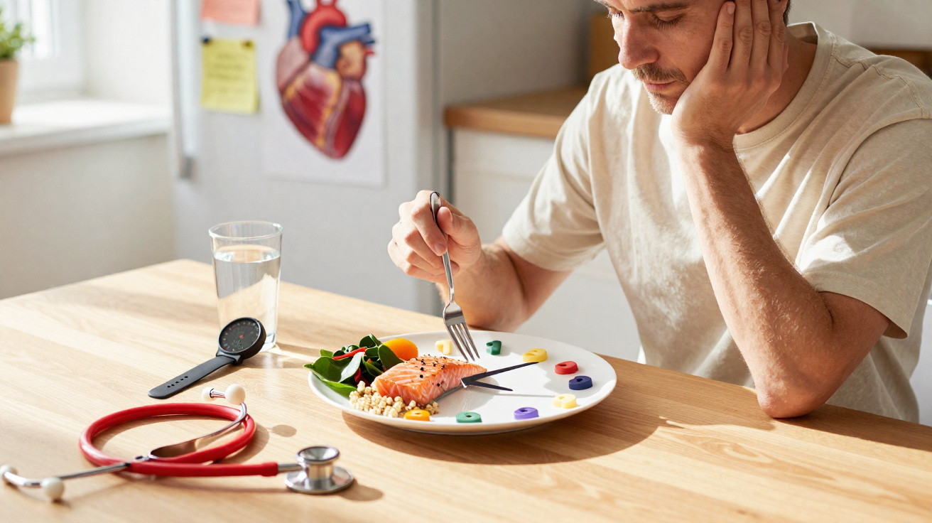 Homem sentado à mesa com prato e suplemento vitamínico, próximo a estetoscópio e medidor de pulso.