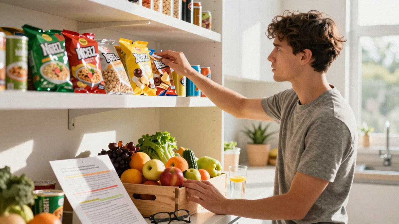 Jovem a escolher snacks numa despensa com frutas frescas e luz natural.